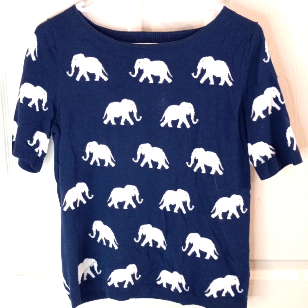 Talbot's NWOT SP Navy Blue & White Elephant Print Soft Short Sleeve Top …